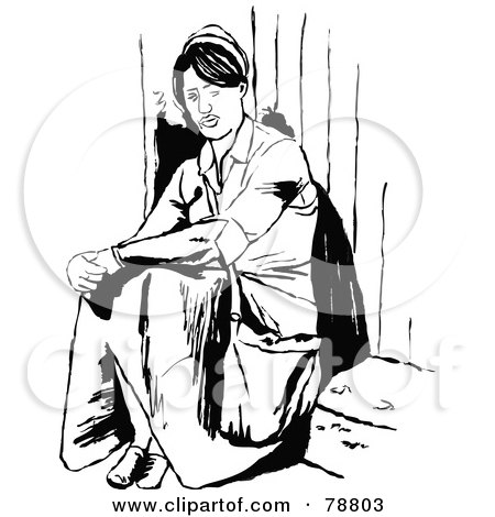 Royalty-Free (RF) Clipart Illustration of a Black And White Lone Woman Sitting On A Step by Prawny