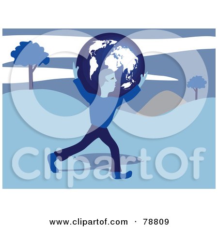 Royalty-Free (RF) Clipart Illustration of a Blue Man Carrying A Blue Globe Over Hills by Prawny