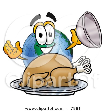 Clipart Picture of a World Earth Globe Mascot Cartoon Character Serving a Thanksgiving Turkey on a Platter by Mascot Junction