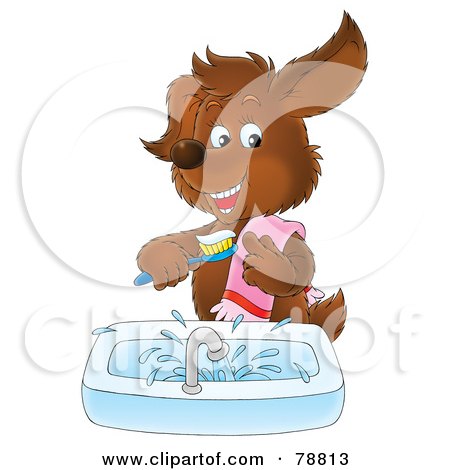 Royalty-Free (RF) Clipart Illustration of a Brown Dog Smiling And Brushing His Teeth Over A Sink by Alex Bannykh