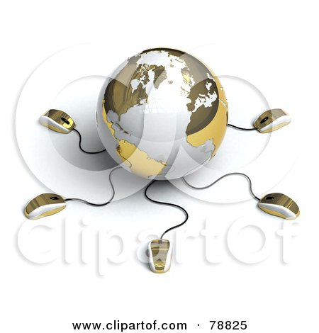 Royalty-Free (RF) Clipart Illustration of a 3d Gold And White Globe With Many Networked Computer Mice by Tonis Pan