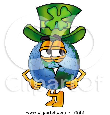 Clipart Picture of a World Earth Globe Mascot Cartoon Character Wearing a Saint Patricks Day Hat With a Clover on it by Mascot Junction