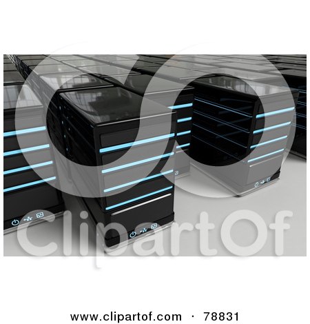 Royalty-Free (RF) Clipart Illustration of Crowded Rows Of 3d Black Computer Server Towers With Blue Lights by Tonis Pan