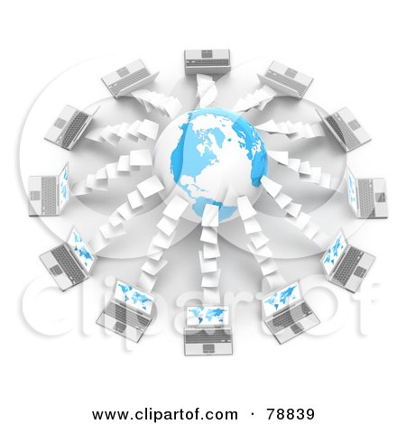 Royalty-Free (RF) Clipart Illustration of a 3d Blue And White Globe Surrounded By Laptop Computers With Blue Maps On Their Screens by Tonis Pan