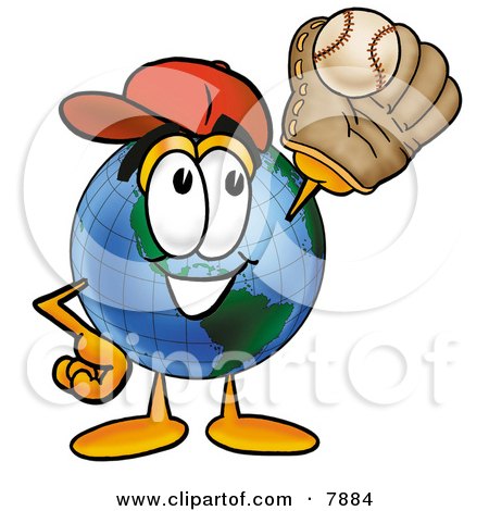 Clipart Picture of a World Earth Globe Mascot Cartoon Character Catching a Baseball With a Glove by Mascot Junction