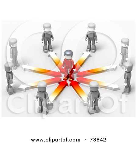 Royalty-Free (RF) Clipart Illustration of a 3d Minitoy Network Of Gray People With Arrows, Facing A Red Person In The Center Of A Circle by Tonis Pan
