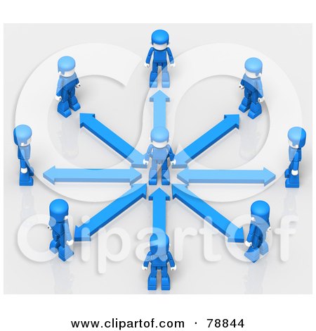 Royalty-Free (RF) Clipart Illustration of a 3d Minitoy Network Of Blue People With Arrows, Facing A Person In The Center Of A Circle by Tonis Pan