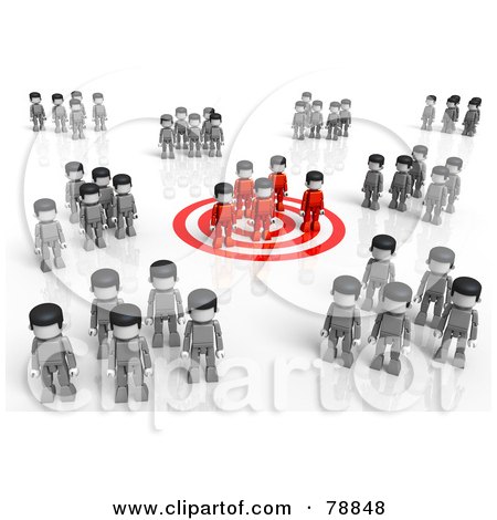 Royalty-Free (RF) Clipart Illustration of a 3d Red Group Standing On A Bullseye, Surrounded By Gray Groups by Tonis Pan