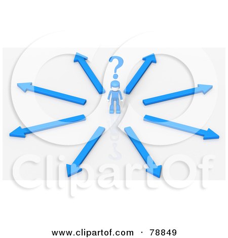 Royalty-Free (RF) Clipart Illustration of a 3d Blue Minitoy Person Standing In A Crossroads Of Choices And Opportunities by Tonis Pan