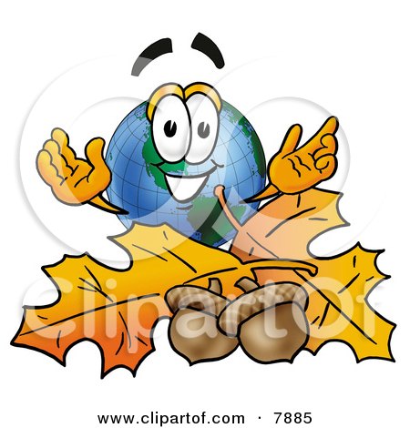 Clipart Picture of a World Earth Globe Mascot Cartoon Character With Autumn Leaves and Acorns in the Fall by Mascot Junction