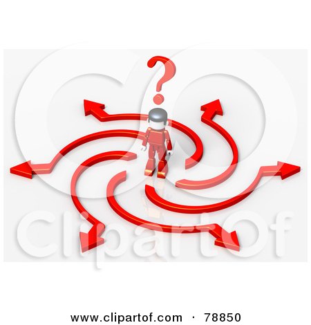 Royalty-Free (RF) Clipart Illustration of a 3d Red Minitoy Person Standing In A Crossroads Of Crazy Arrows; Choices And Opportunities by Tonis Pan