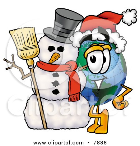 Clipart Picture of a World Earth Globe Mascot Cartoon Character With a Snowman on Christmas by Mascot Junction