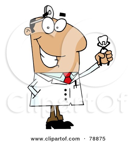 Royalty-Free (RF) Clipart Illustration of a Hispanic Cartoon Dentist Man Holding An Extracted Tooth by Hit Toon