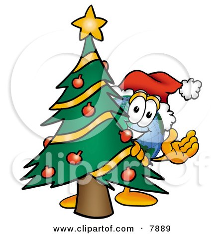 Clipart Picture of a World Earth Globe Mascot Cartoon Character Waving and Standing by a Decorated Christmas Tree by Mascot Junction