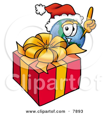 Clipart Picture of a World Earth Globe Mascot Cartoon Character Standing by a Christmas Present by Mascot Junction