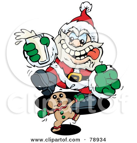 Royalty-Free (RF) Clipart Illustration of a Starving Santa Chasing A Gingerbread Cookie And Holding A Cup Of Milk by Dennis Holmes Designs