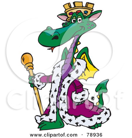 Royalty-Free (RF) Clipart Illustration of a King Green Dragon Wearing A Purple Robe by Dennis Holmes Designs