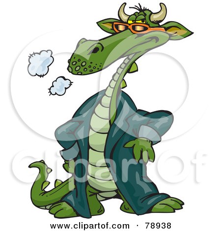 Royalty-Free (RF) Clipart Illustration of a Cool Green Dragon Wearing A Long Coat by Dennis Holmes Designs