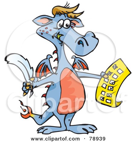 Royalty-Free (RF) Clipart Illustration of a Pastel Blue Dragon Holding A Check Off List by Dennis Holmes Designs