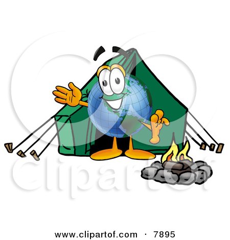 Clipart Picture of a World Earth Globe Mascot Cartoon Character Camping With a Tent and Fire by Mascot Junction
