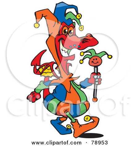 Royalty-Free (RF) Clipart Illustration of a Colorful Jester Dragon Carrying A Staff by Dennis Holmes Designs