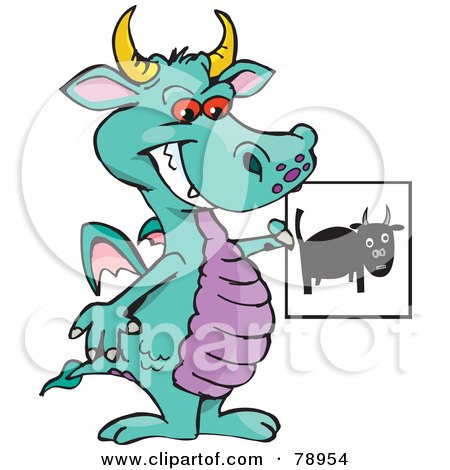 Royalty-Free (RF) Clipart Illustration of a Turquoise Dragon Holding A Black Bull Picture by Dennis Holmes Designs