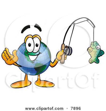 Clipart Picture of a World Earth Globe Mascot Cartoon Character Holding a Fish on a Fishing Pole by Mascot Junction
