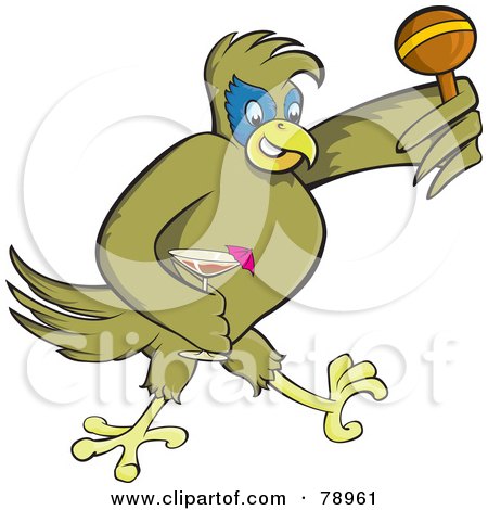 Royalty-Free (RF) Clipart Illustration of a Green Party Parrot Carrying A Cocktail And A Maraca by Paulo Resende