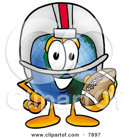 Clipart Picture of a World Earth Globe Mascot Cartoon Character in a Helmet, Holding a Football by Mascot Junction