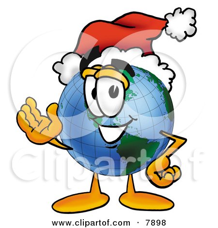 Clipart Picture of a World Earth Globe Mascot Cartoon Character Wearing a Santa Hat and Waving by Mascot Junction