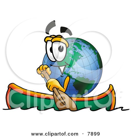 Clipart Picture of a World Earth Globe Mascot Cartoon Character Rowing a Boat by Mascot Junction