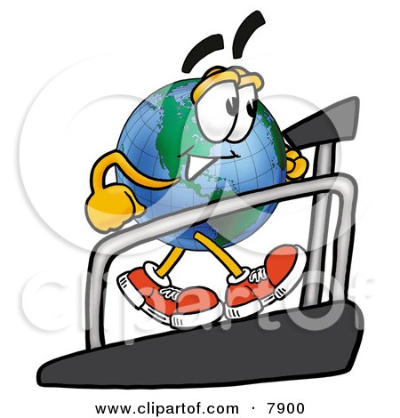 Clipart Picture of a World Earth Globe Mascot Cartoon Character Walking on a Treadmill in a Fitness Gym by Mascot Junction