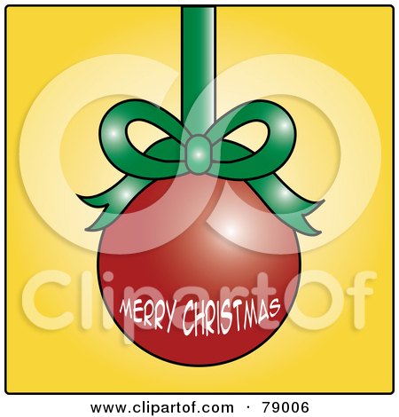Royalty-Free (RF) Clipart Illustration of a Red Merry Christmas Bulb Ornament Suspended From A Green Ribbon by Pams Clipart