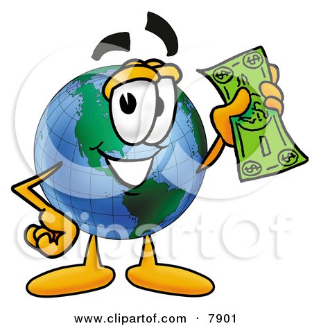 Clipart Picture of a World Earth Globe Mascot Cartoon Character Holding a Dollar Bill by Mascot Junction