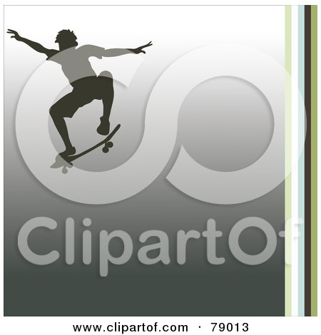 Royalty-Free (RF) Clipart Illustration of a Silhouetted Skateboarding Boy On A Gradient Gray Background With Vertical Stripes On The Left by Pams Clipart