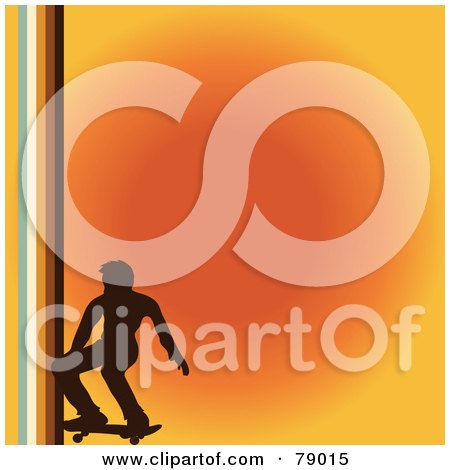Royalty-Free (RF) Clipart Illustration of a Silhouetted Skateboarding Boy On A Gradient Orange Background With Vertical Stripes On The Left by Pams Clipart