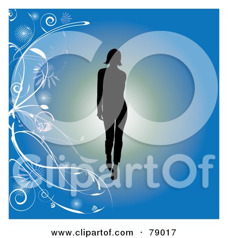 Royalty-Free (RF) Clipart Illustration of a Silhouetted Model Walking On A Runway Over A Blue Floral Background by Pams Clipart