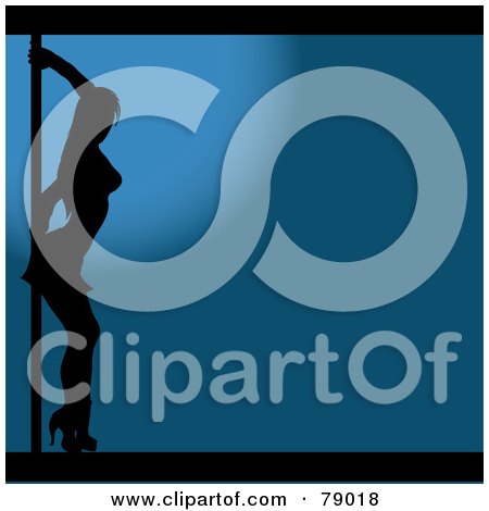 Royalty-Free (RF) Clipart Illustration of a Sexy Black And White Pole Dancer Woman With Her Back Against A Pole, Dancing In Blue Light by Pams Clipart