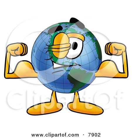 Clipart Picture of a World Earth Globe Mascot Cartoon Character Flexing His Arm Muscles by Mascot Junction