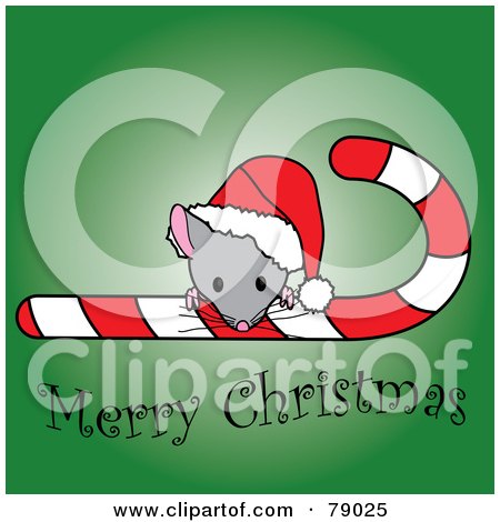 Royalty-Free (RF) Clipart Illustration of a Merry Christmas Mouse Looking Over A Candy Cane And Wearing A Santa Hat by Pams Clipart