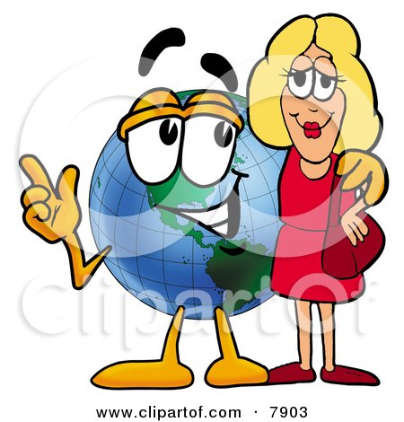 Clipart Picture of a World Earth Globe Mascot Cartoon Character Talking to a Pretty Blond Woman by Mascot Junction