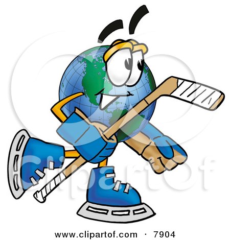 Clipart Picture of a World Earth Globe Mascot Cartoon Character Playing Ice Hockey by Mascot Junction