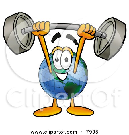 Clipart Picture of a World Earth Globe Mascot Cartoon Character Holding a Heavy Barbell Above His Head by Mascot Junction