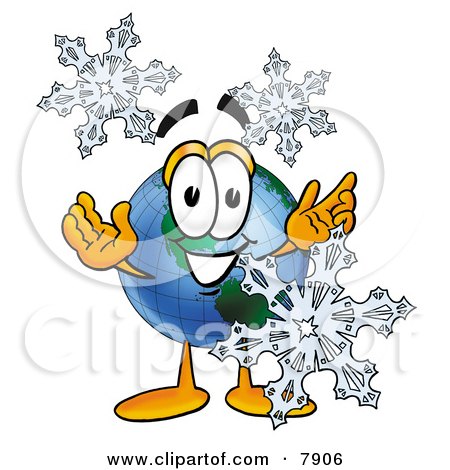 Clipart Picture of a World Earth Globe Mascot Cartoon Character With Three Snowflakes in Winter by Mascot Junction