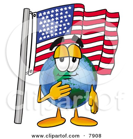 Clipart Picture of a World Earth Globe Mascot Cartoon Character Pledging Allegiance to an American Flag by Mascot Junction