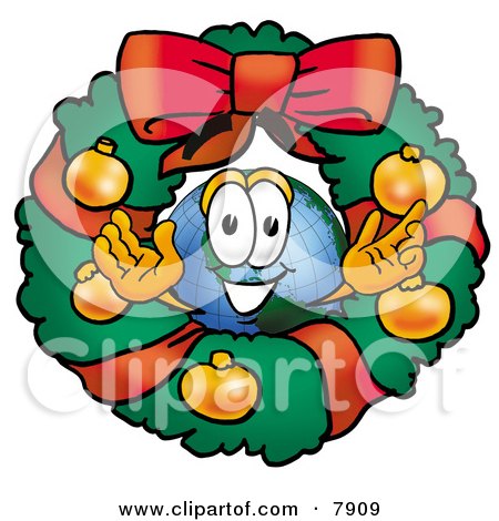 Clipart Picture of a World Earth Globe Mascot Cartoon Character in the Center of a Christmas Wreath by Mascot Junction