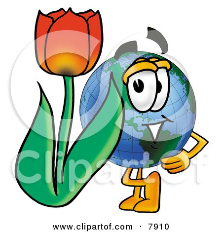 Clipart Picture of a World Earth Globe Mascot Cartoon Character With a Red Tulip Flower in the Spring by Mascot Junction
