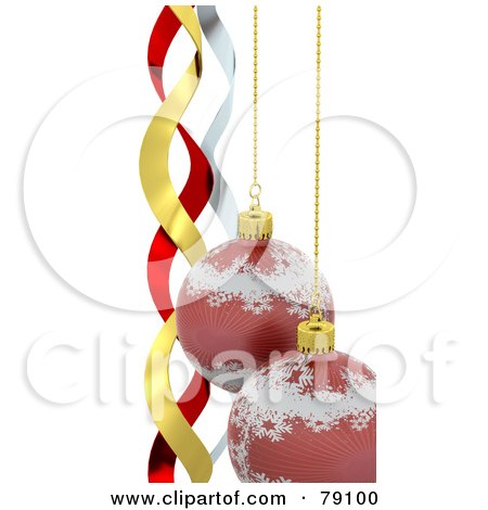 Royalty-Free (RF) Clipart Illustration of 3d Red Snowflake Christmas Balls Hanging Over Gold, Red And White Ribbons by KJ Pargeter