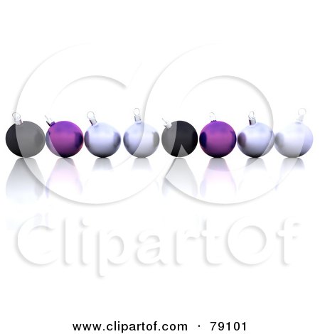 Royalty-Free (RF) Clipart Illustration of a 3d Row Of Black, Silver And Purple Christmas Balls On A Reflective Surface by KJ Pargeter