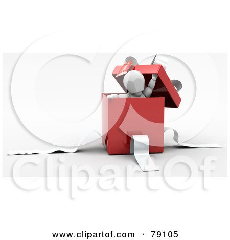 Royalty-Free (RF) Clipart Illustration of a 3d White Character Peeking Out Of A Red Gift Box With White Ribbons by KJ Pargeter